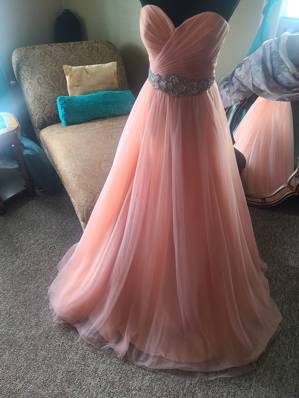 Alyce Paris Blush Pink Strapless Tulle Ball Gown with Jeweled Waist